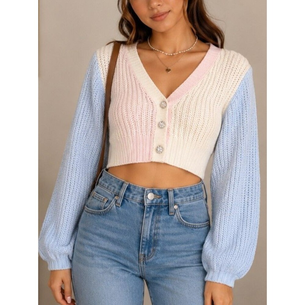 SO Cropped Pastel Knit Cardigan Colorblock Sweater  Balloon Sleeves Size XS Y2K
